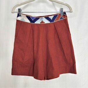 Rosewater House shorts XS linen terracotta silk embroidery pleated high rise
